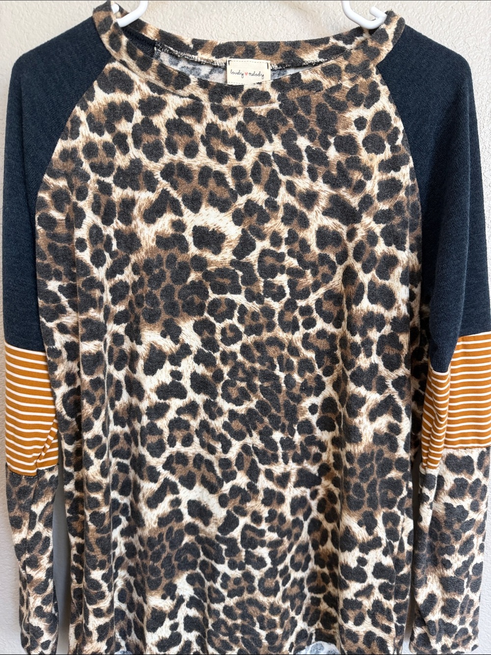 New Lovely Melody Leopard Print Long Sleeve Tee with Mustard Stripe Accents